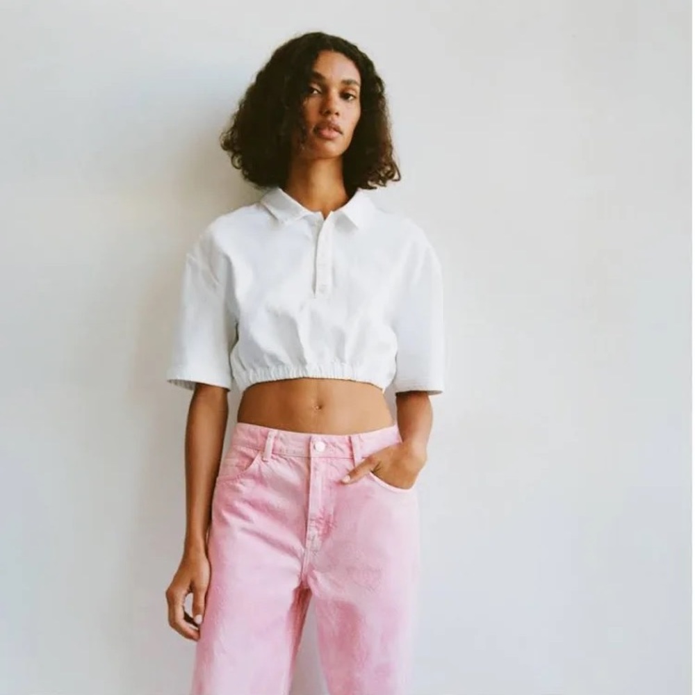 Zara XS White Cropped Polo Top